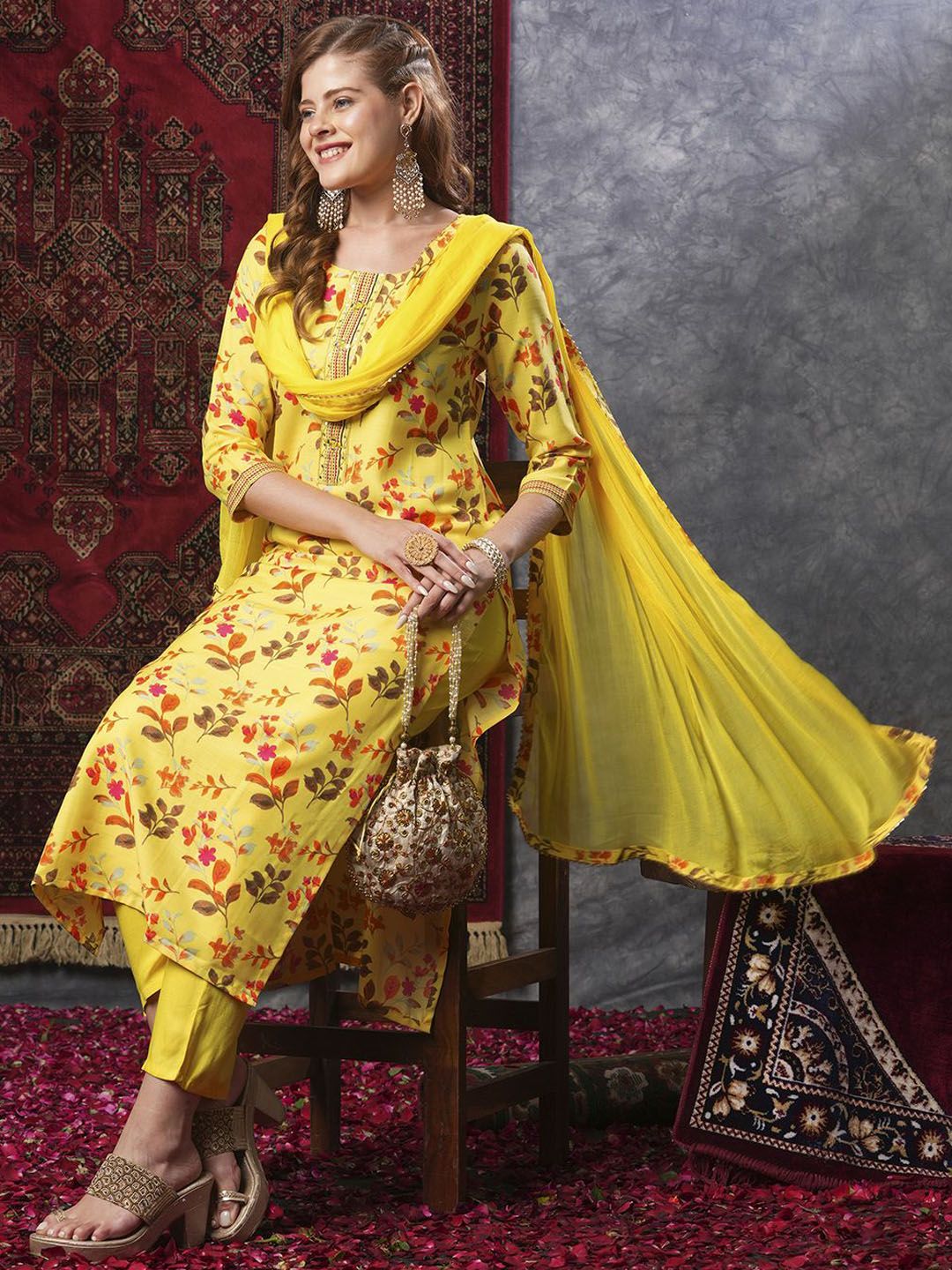 GoSriKi Kurta Recta De Algodón Mezclado Con Pantalones Y Dupatta Para