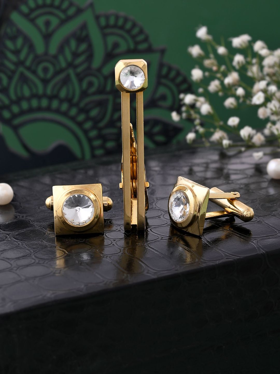 Voylla Men Stone studded Tie Pin & Cufflinks Accessory Gift Set-picture-33