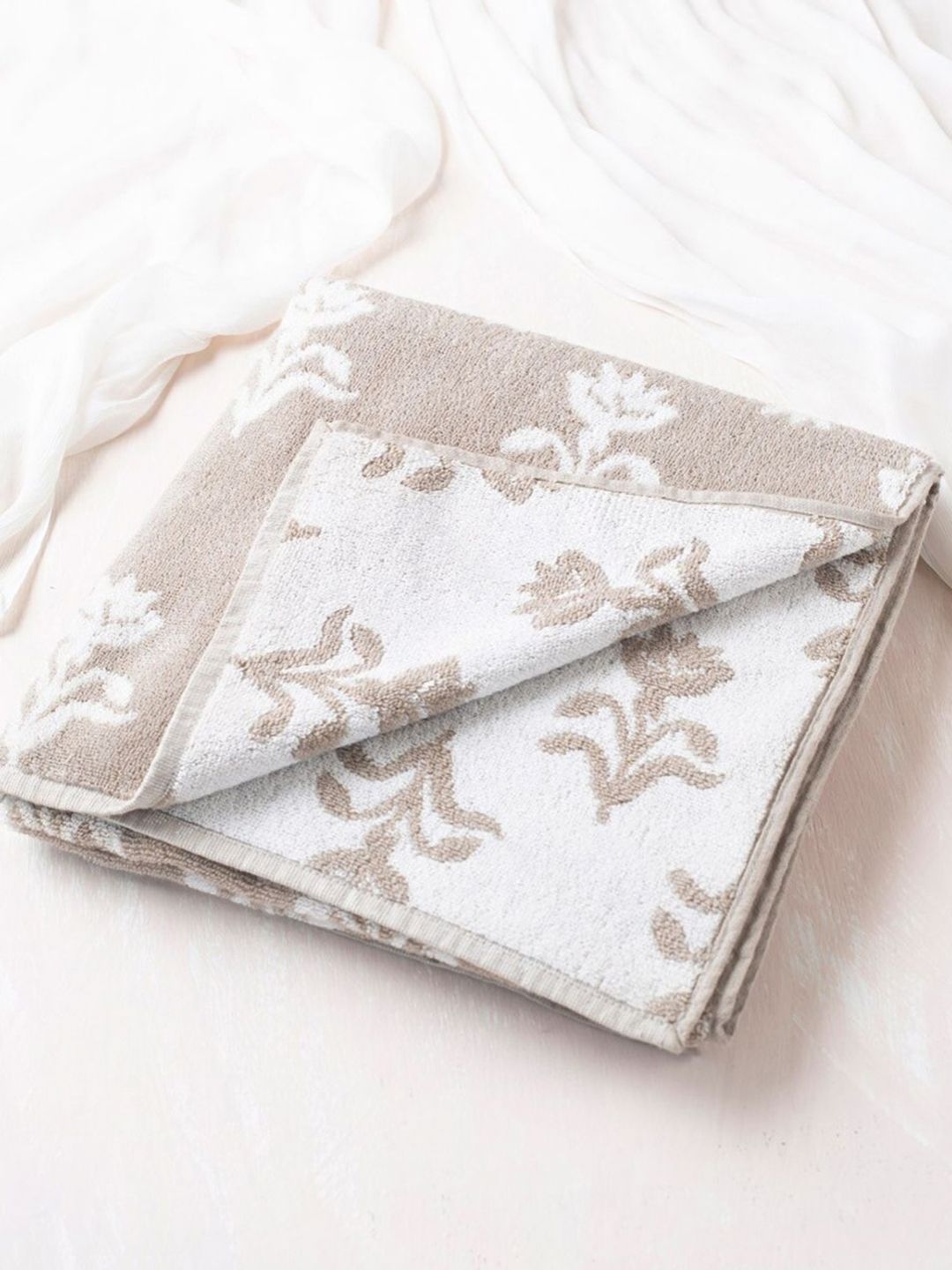 Fabindia Vikal Beige & White 570 GSM Floral Printed Large Bath Towel-image-37