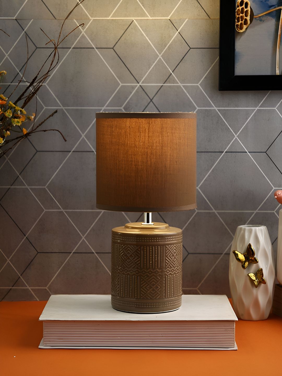 TAYHAA Brown Ceramic Contemporary Cylindrical Shaped Table Lamp-picture-12