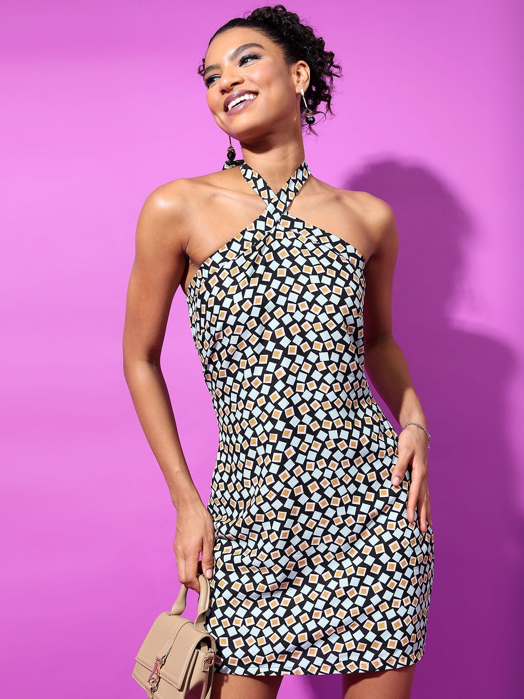 Tokyo Talkies Print Halter Neck Bodycon Mini Dress-picture-12