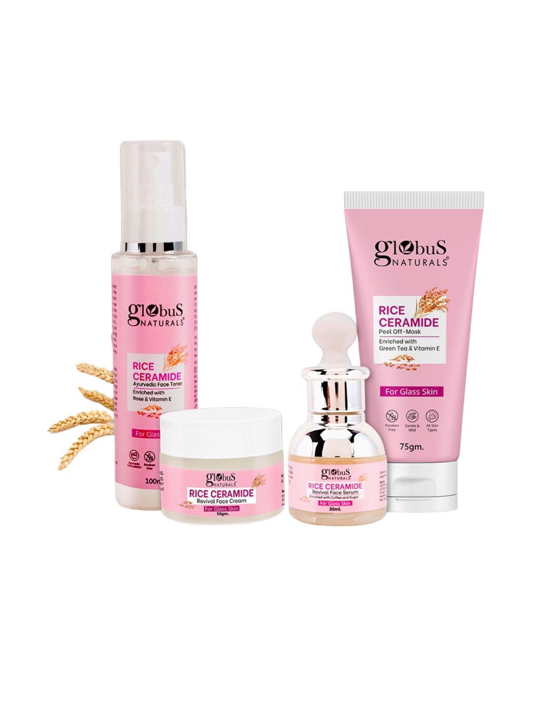 Globus naturals Set Of 4  Rice Ceramide Toner -Mask -Scrub & Serum -255g-image-24
