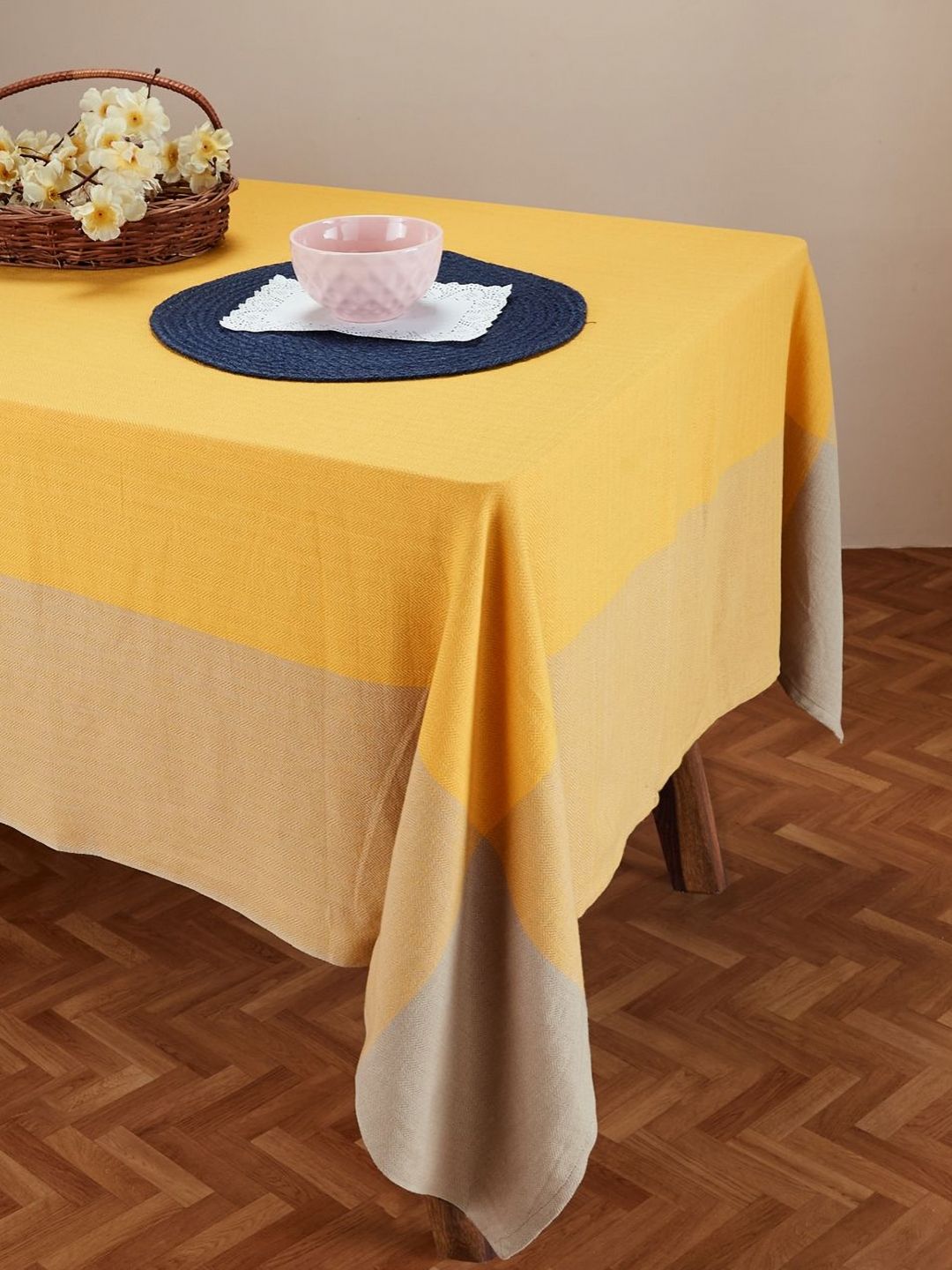 Fabindia Mustard Yellow & Beige Rectangle Shaped 6-Seater Cotton Table Cover-picture-11