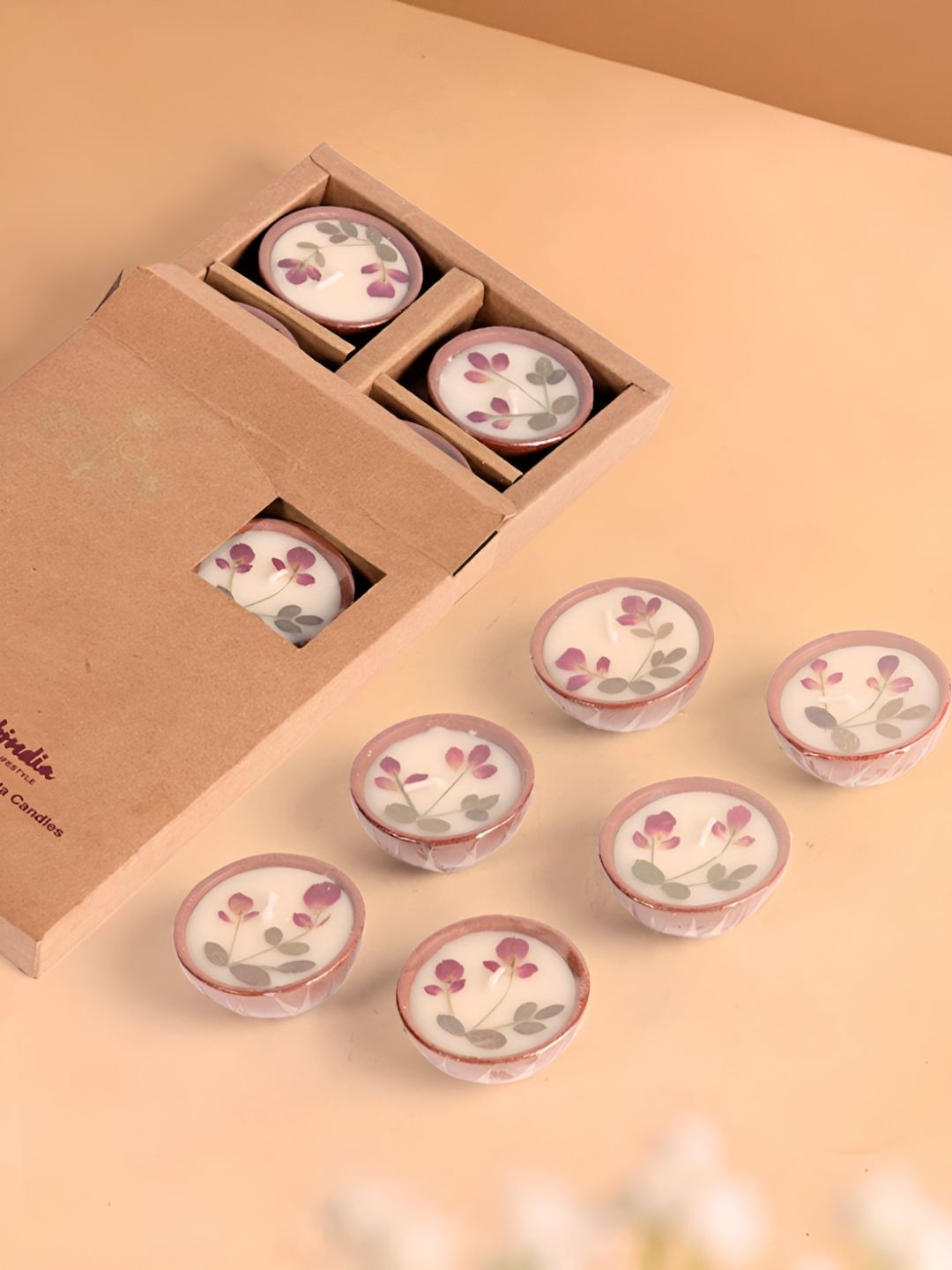 Fabindia azaan White & Pink 6 Pieces Floral Printed Tea Light Candle-image-8