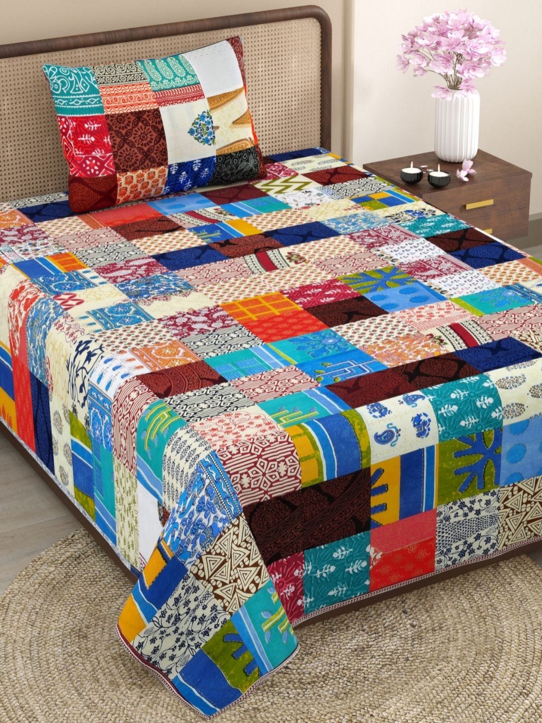 The Craft Monk Blue Abstract Printed Cotton 300 TC Single Bedsheet with 1 Pillow Covers-image-39