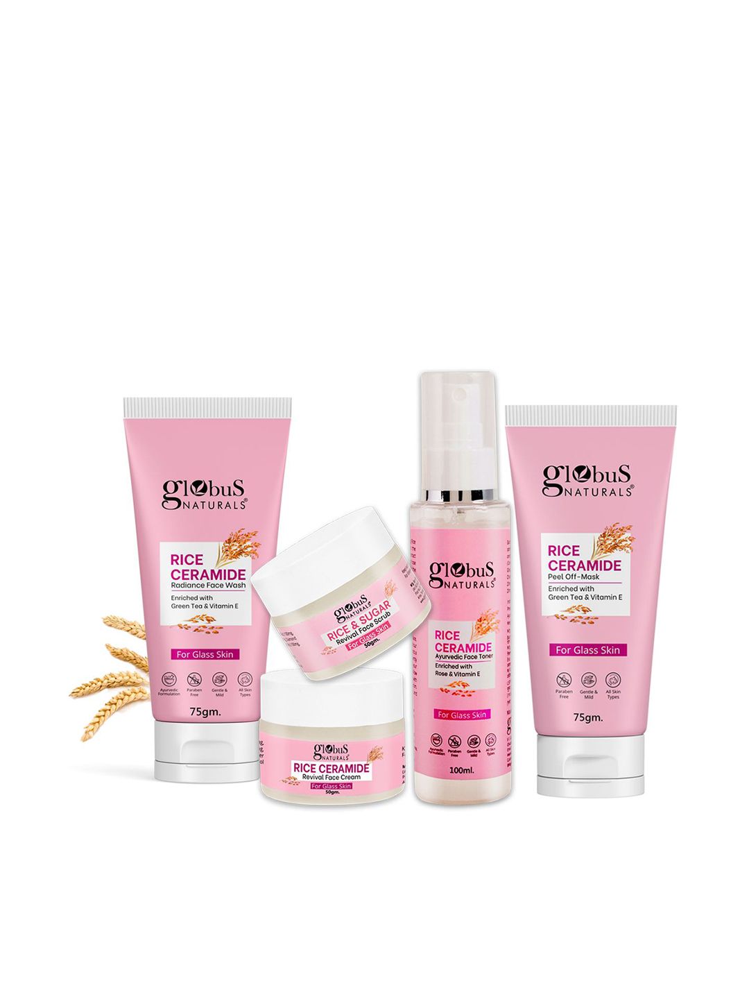 Globus naturals Set Of 5 Rice Ceramide Face Wash Cream Scrub Toner & Peel Off Mask Combo-image-21