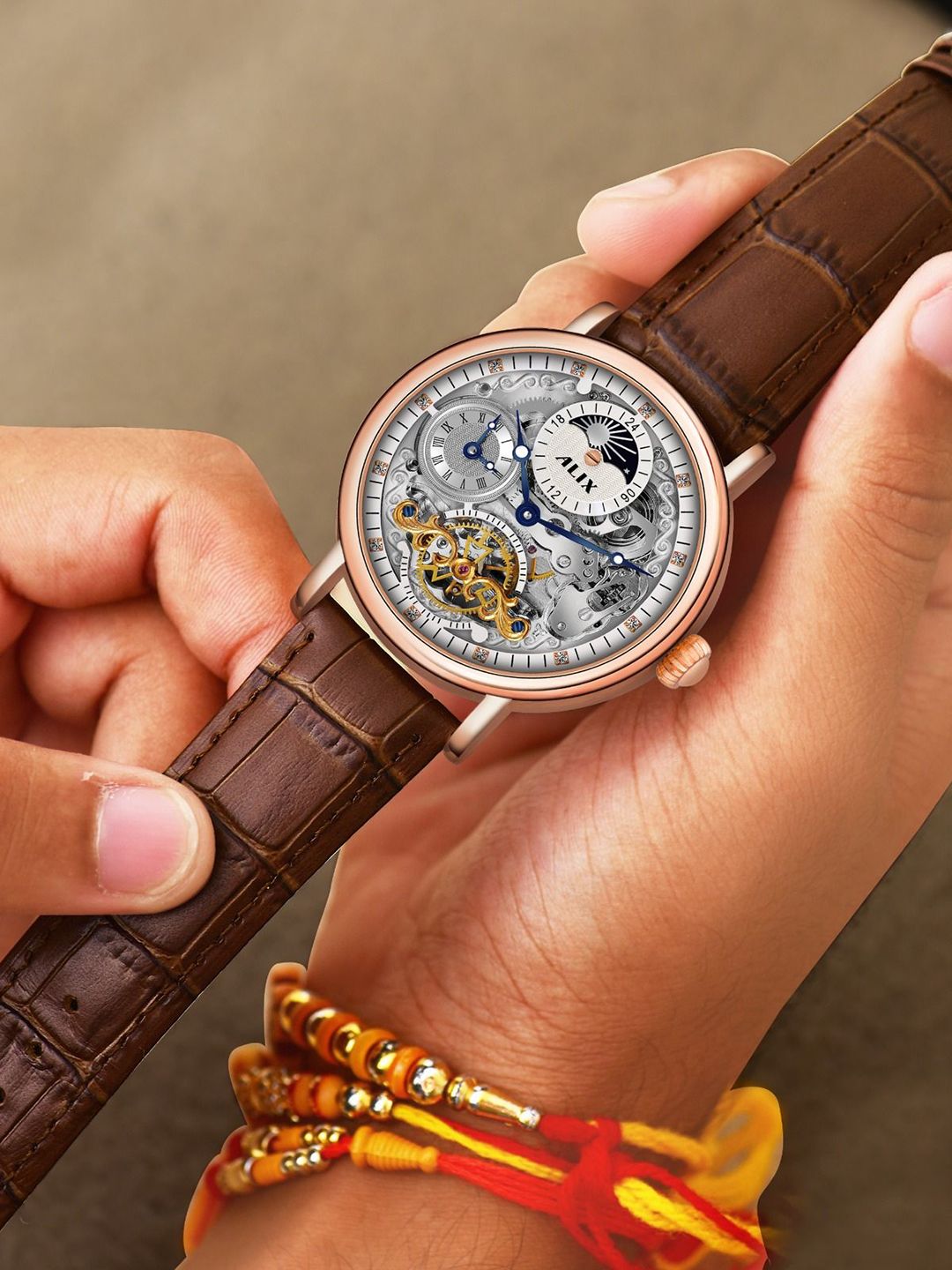 ALIX Men Brass Skeleton Dial & Stainless Steel Bracelet Style Straps Analogue Automatic Motion Powered Watch-image-19