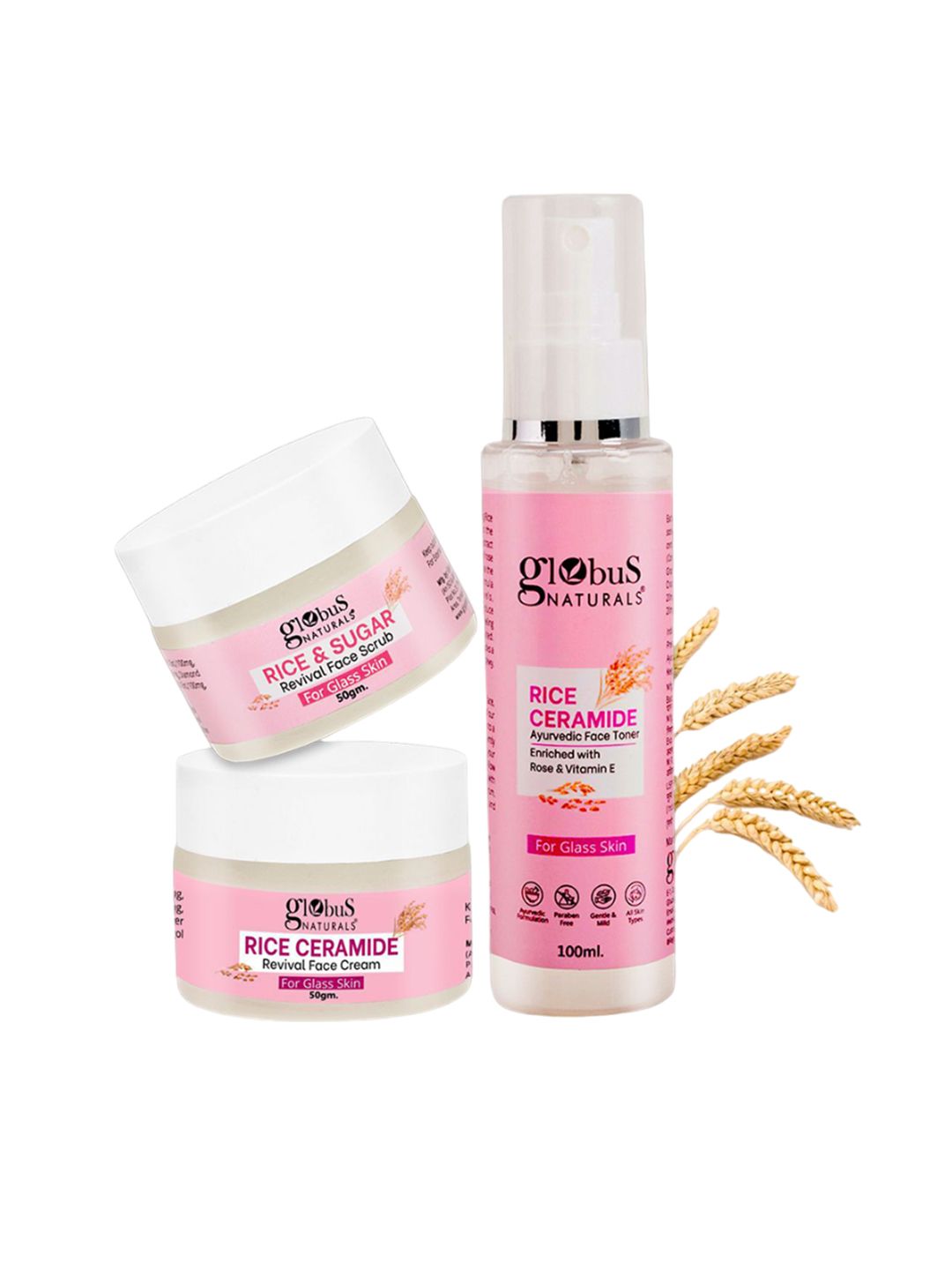 Globus naturals Set Of 3 Rice Ceramid Face Toner -100ml, Cream-50g & Scrub-50g-image-44