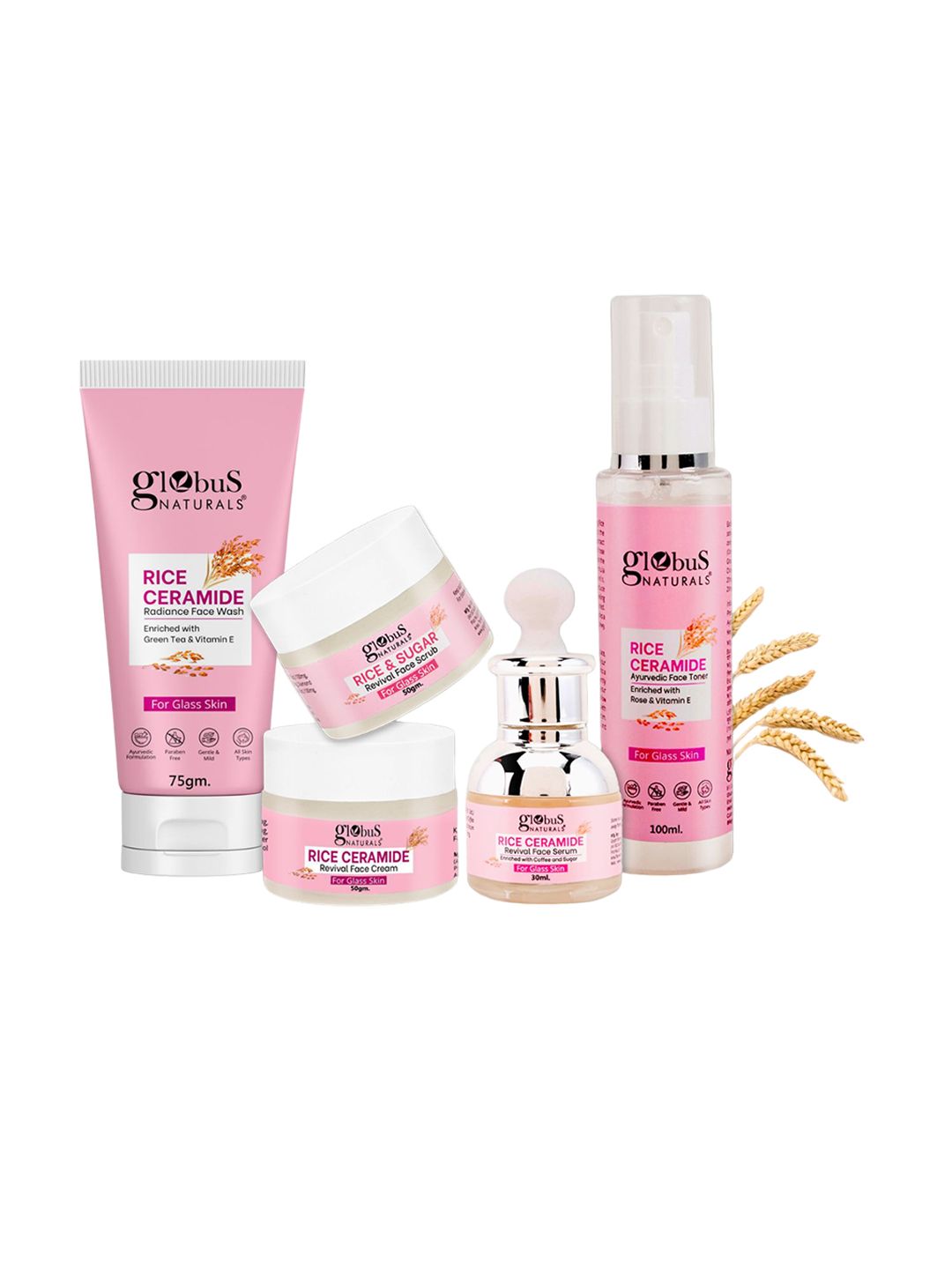 Globus naturals Set Of 5 Rice ceramide Toner -Face Wash- Scrub -Cream-Serum-image-40