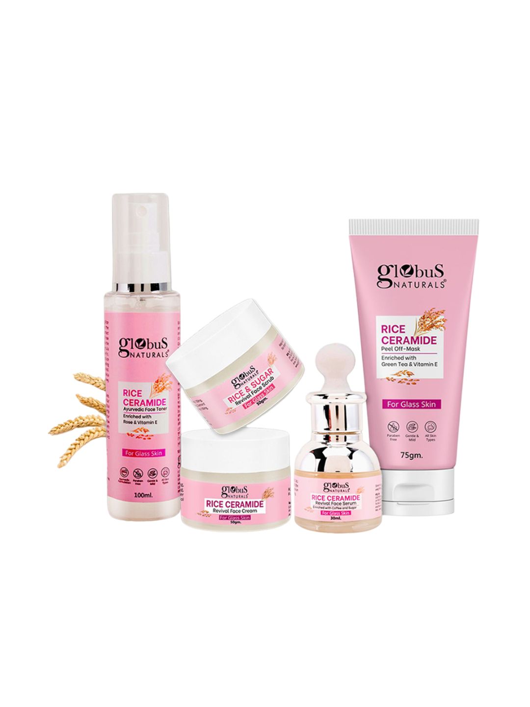 Globus naturals Set Of 5 Rice Ceramide Toner-100ml- Mask 75g-Scrub 50g-Cream 50g-Serum30ml-image-39