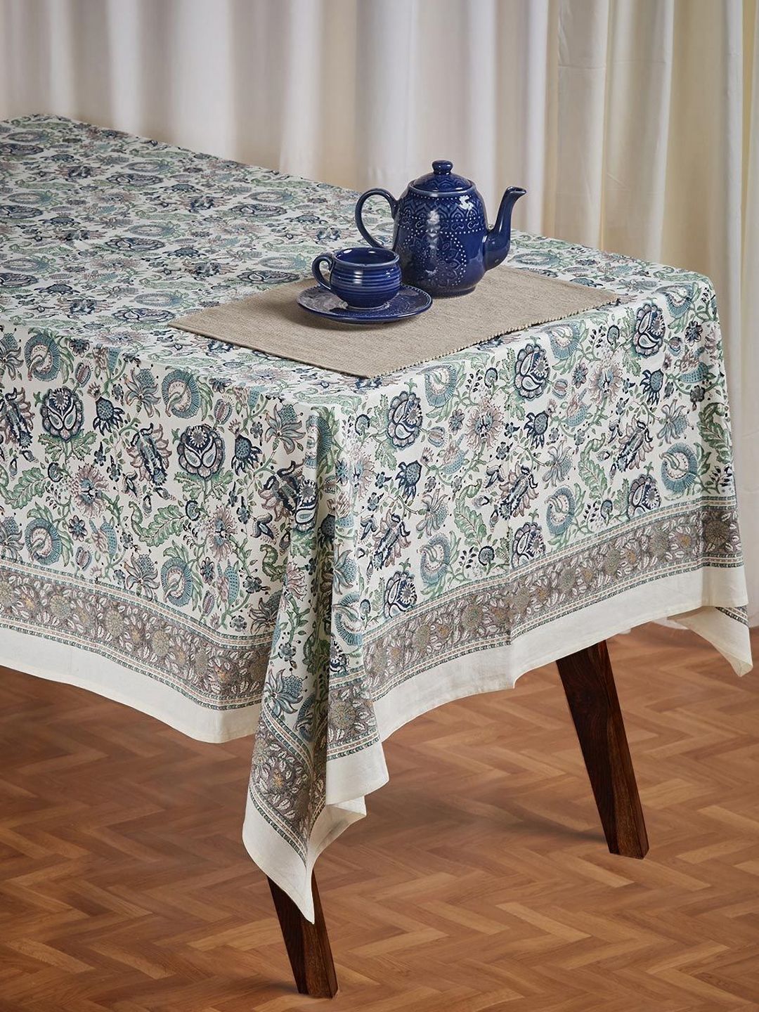 Fabindia Blue & White Floral Printed Rectangle Shaped 4-Seater Cotton Table Cover-picture-17