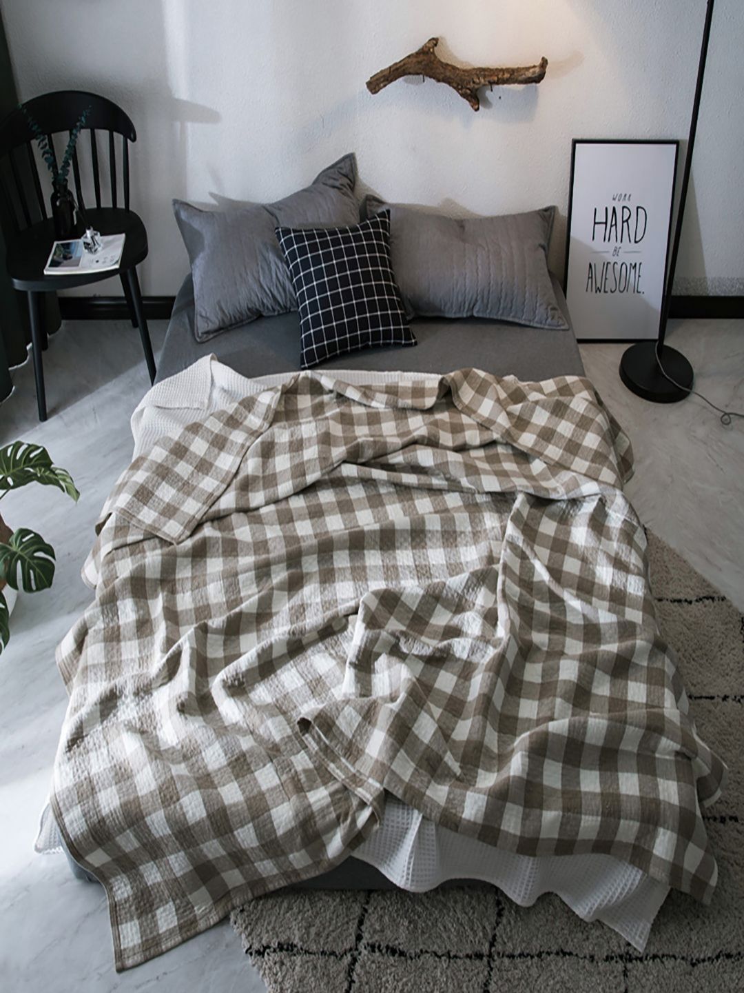 JC HOME Coffee Brown & White Checked AC Room 350 GSM Double Bed Quilt-picture-10