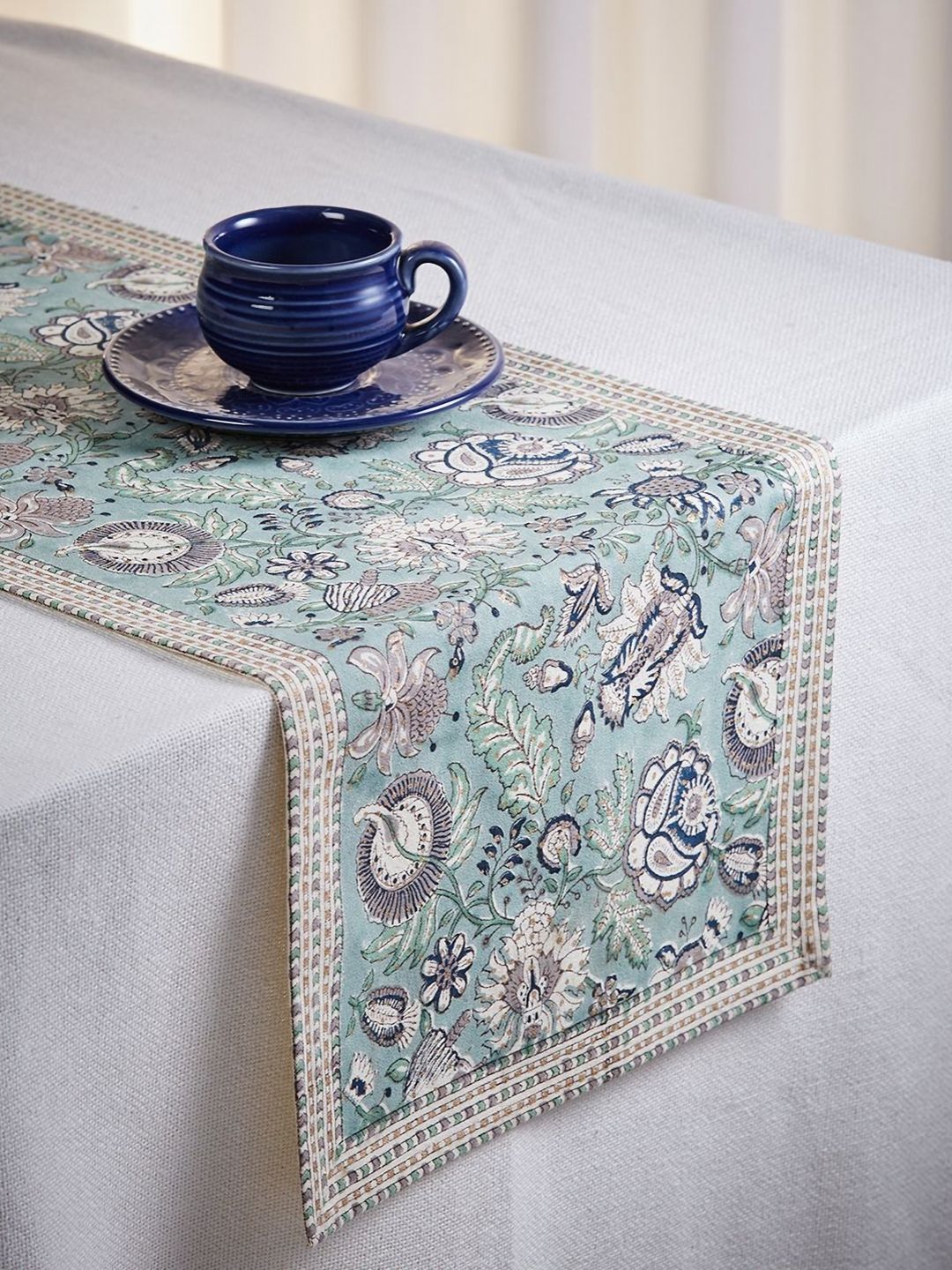 Fabindia Blue & Beige Floral Printed Pure Cotton Table Runner-picture-18