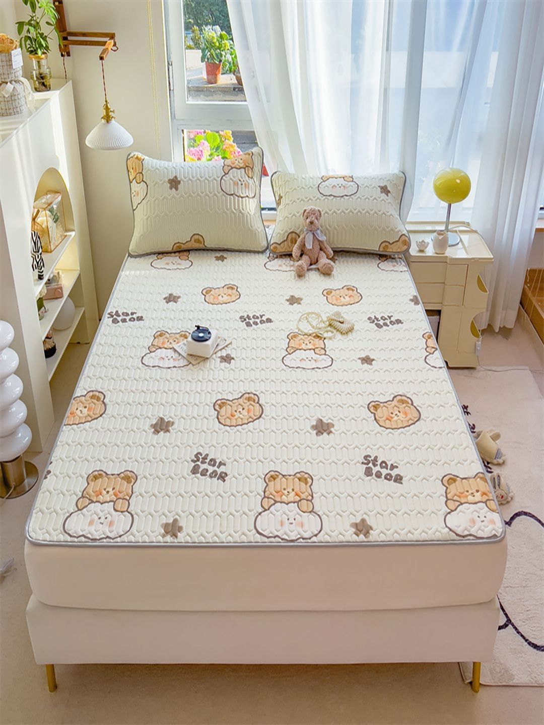 JC HOME White Cartoon Characters Printed 160 TC King Fitted Bedsheet With 2 Pillow Covers-picture-25