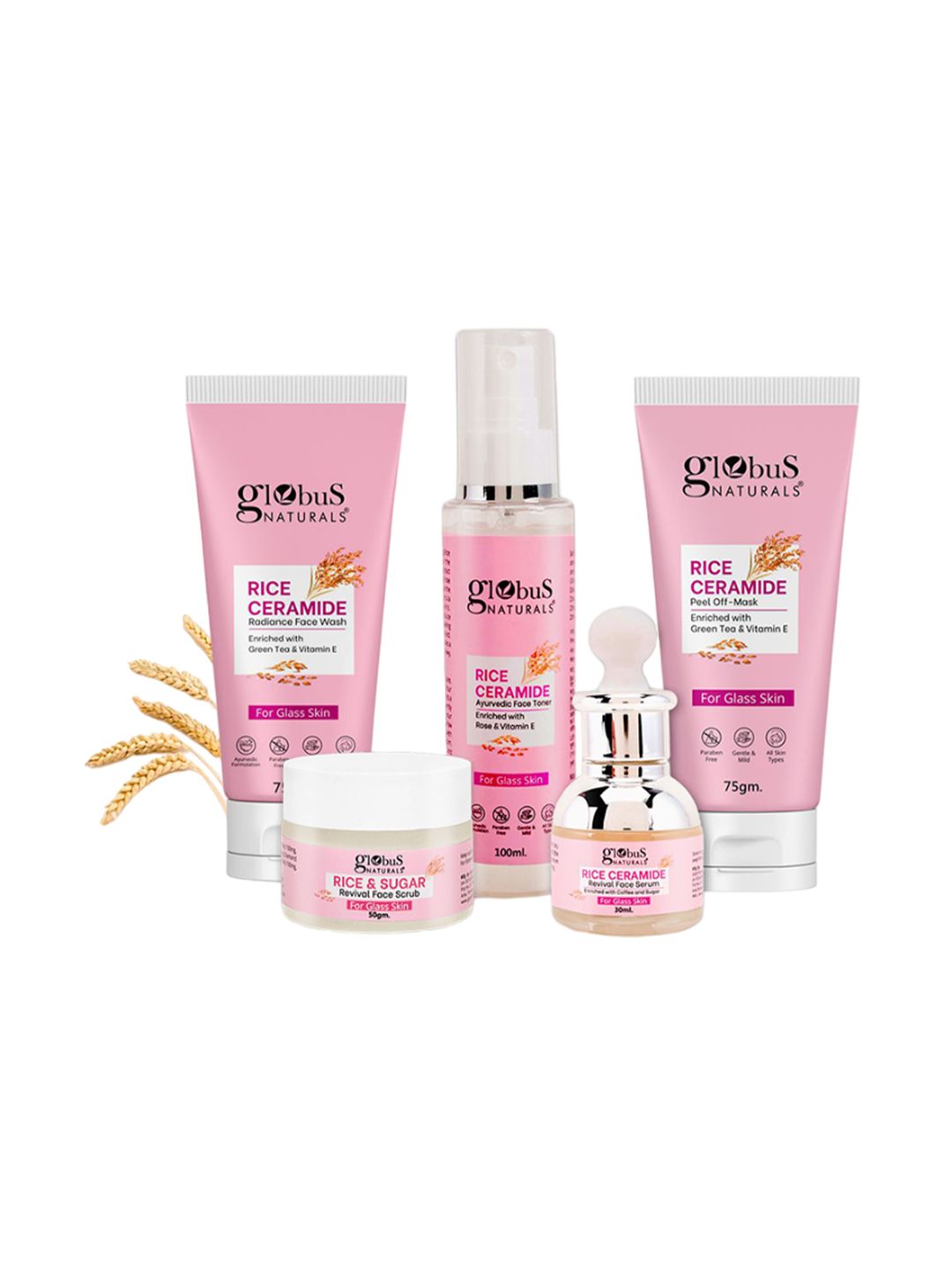 Globus naturals Set Of 5 Rice Ceramide Face Wash, Peel Off Mask, Scrub, Serum & Toner-image-32