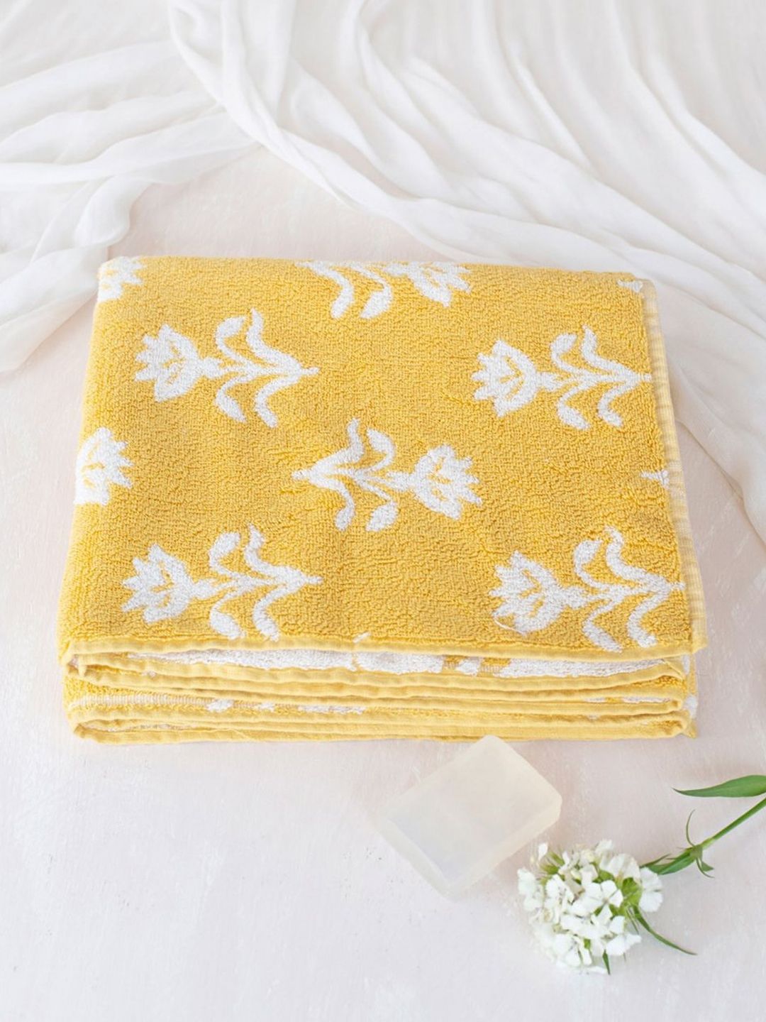 Fabindia Vikal Yellow & Whited Floral Printed 570 GSM Medium Bath Towel-picture-34