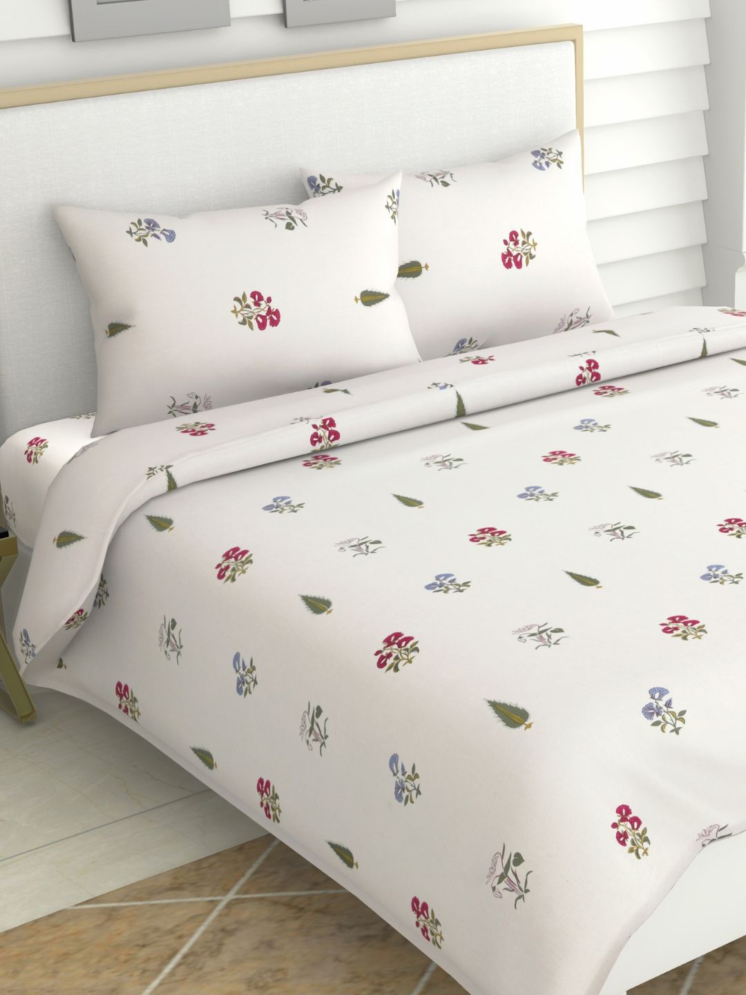 haus & kinder White & Green Floral 180 TC King Bedsheet with 2 Pillow Covers-picture-16