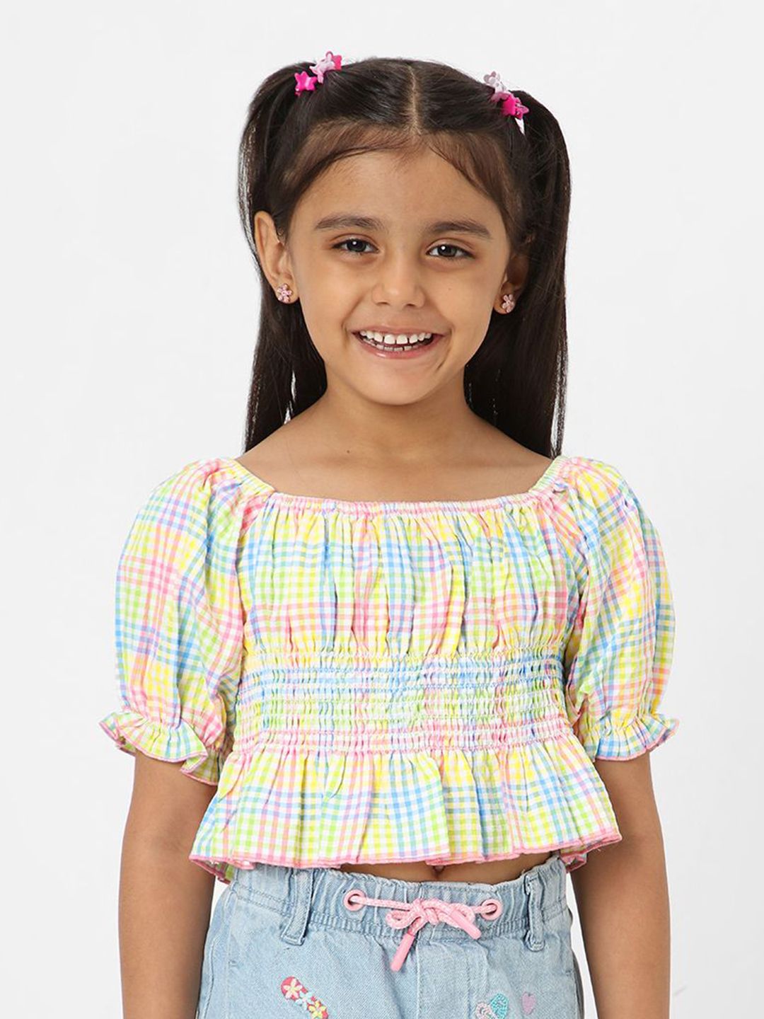 Nauti Nati Checked Puff Sleeve Cotton Blouson Crop Top-picture-30