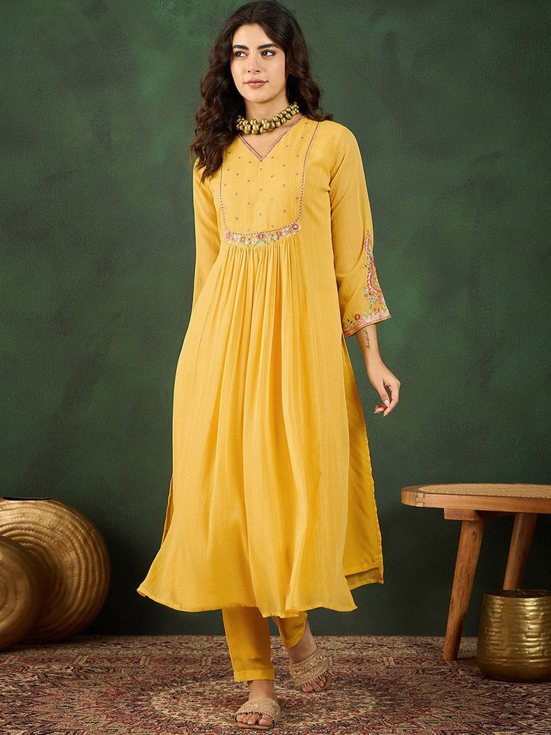 Sangria V Neck Embroidered Kurta Sets