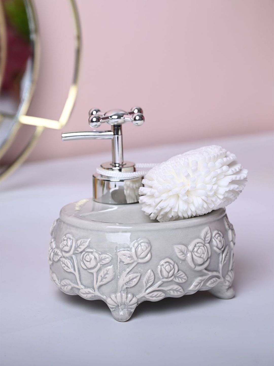MARKET99 Grey & White Textured Ceramic Glossy Soap Dispenser With Scrubber-picture-26