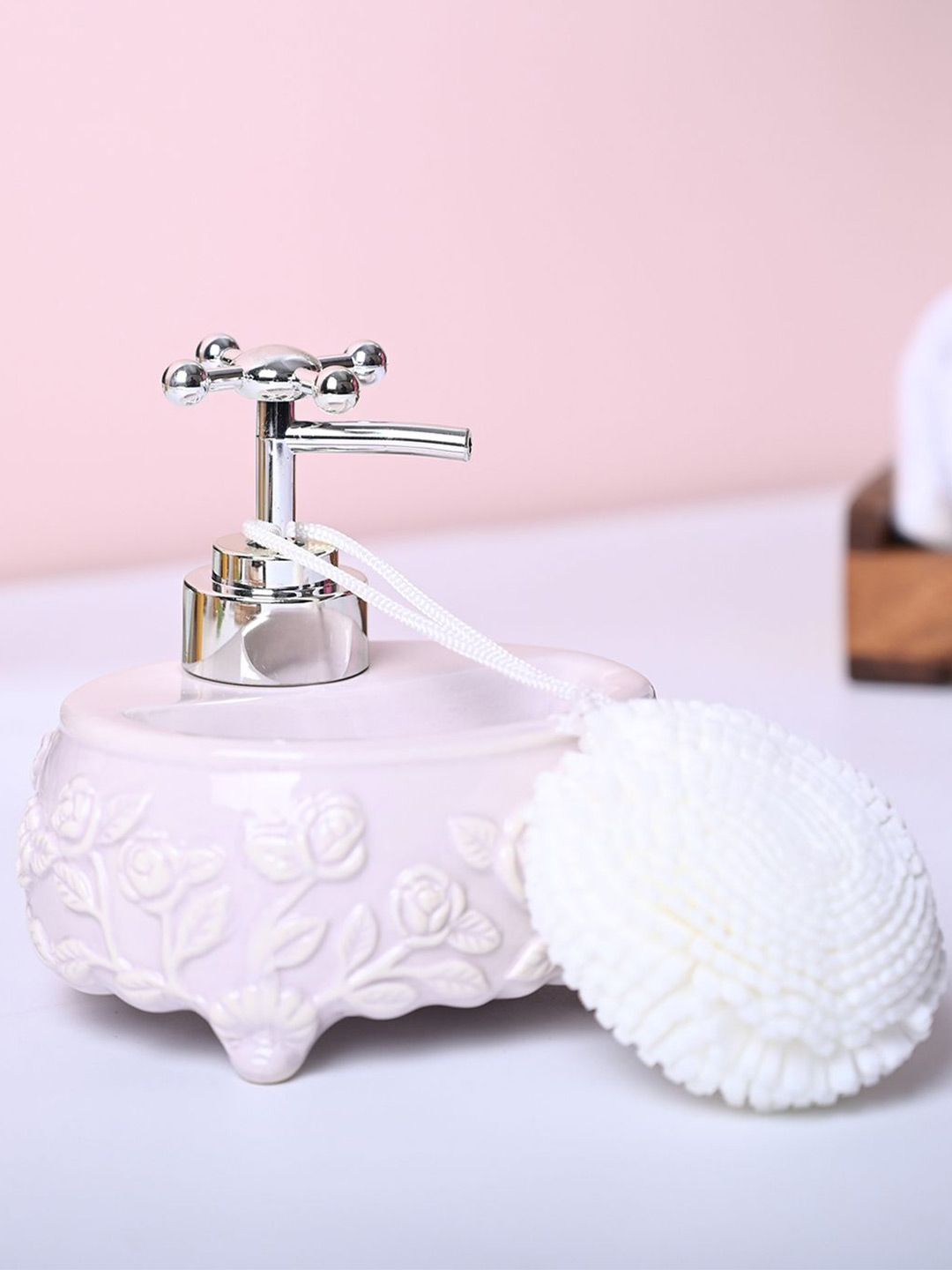 MARKET99 Pink & White Textured Ceramic Glossy Soap Dispenser With Scrubber-picture-24
