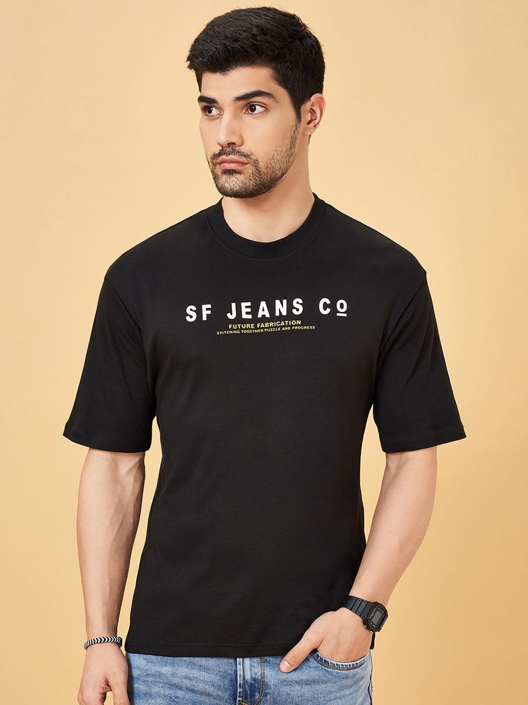 SF JEANS by Pantaloons Men Typography Printed Round Neck Cotton Oversized T-Shirt-picture-36