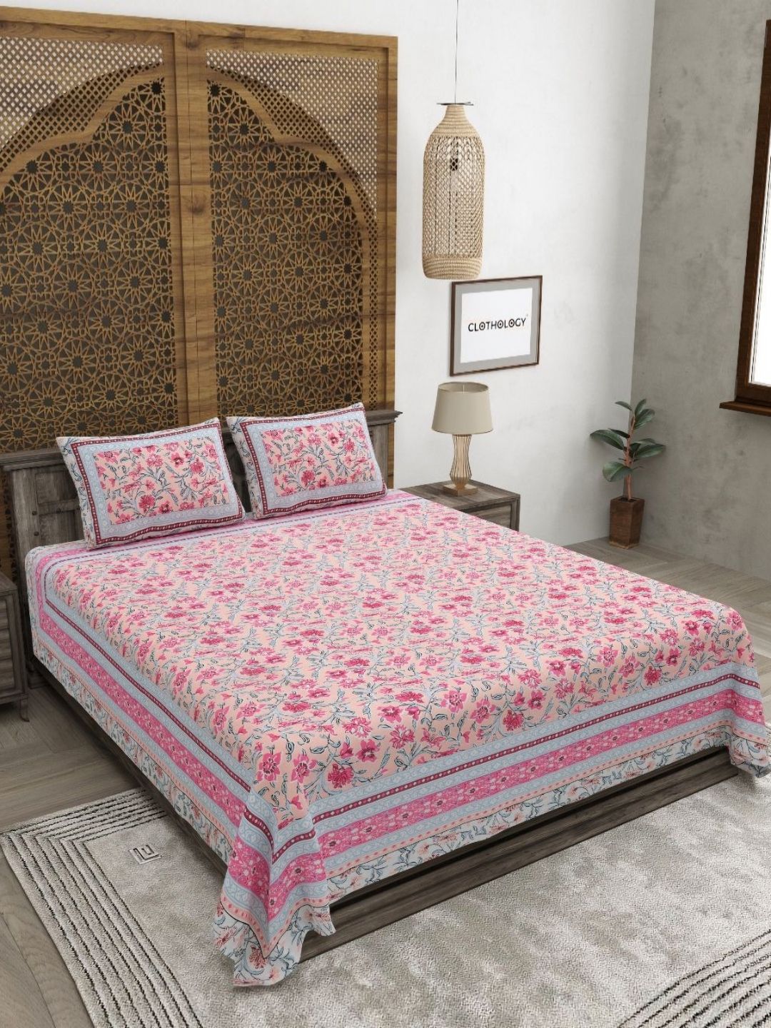 CLOTHOLOGY Pink & Blue Floral 180 TC King Bedsheet with 2 Pillow Covers