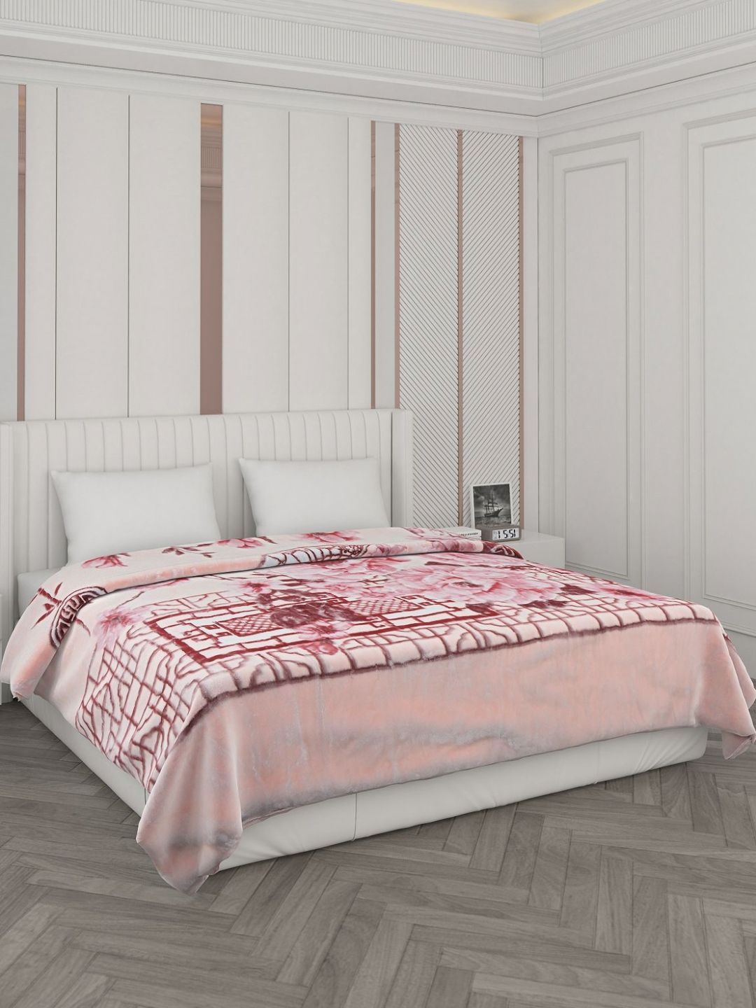 Monte Carlo Peach & White Floral Printed Heavy Winter 1000 GSM Double Bed Blankets-image-31