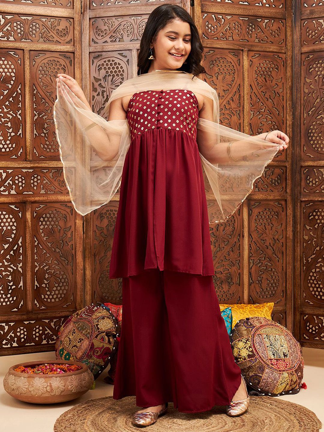 Stylo Bug Girls Printed Regular Kurta with Palazzos & With Dupatta-picture-15