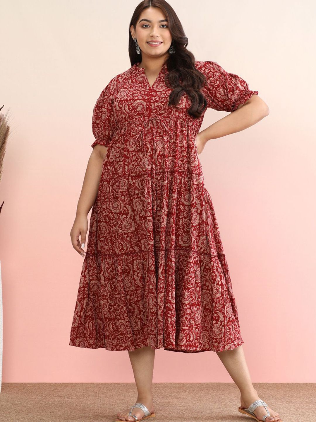 anayna Floral Printed Cotton Puff Sleeve Fit & Flare Midi Dress-image-11