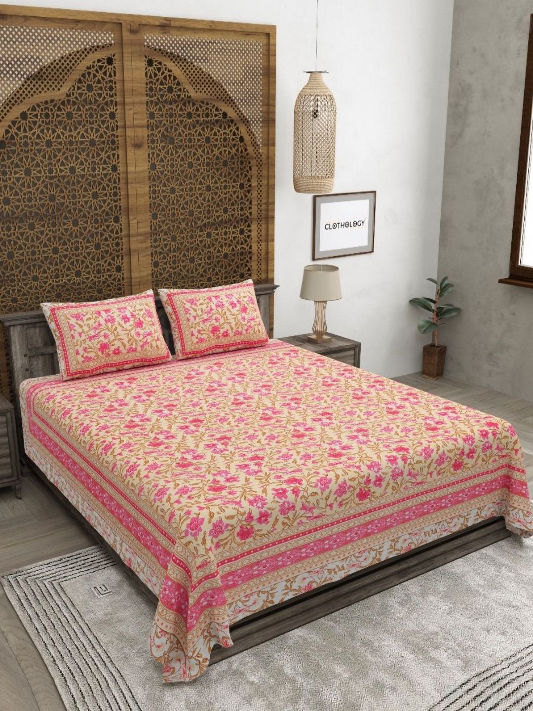 CLOTHOLOGY Orange & Pink Floral 180 TC King Bedsheet with 2 Pillow Covers-picture-53