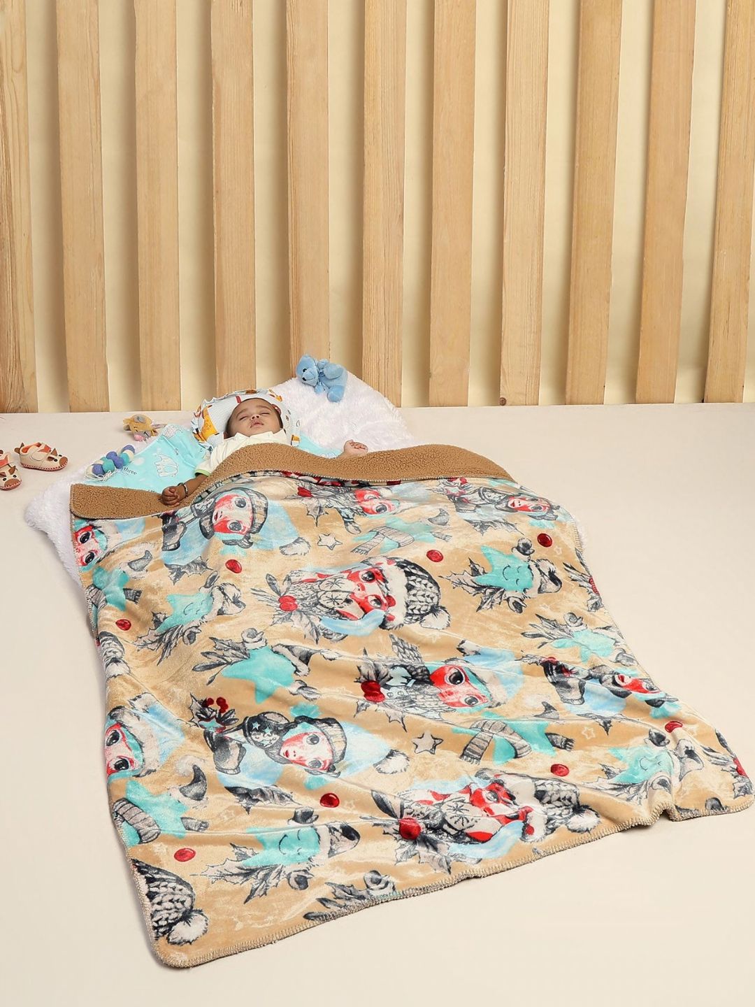 Monte Carlo Beige & Blue Conversational Printed Mild Winter 300 GSM Single Bed Blanket-image-10