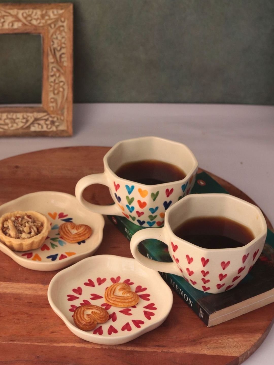WEAVING HOMES Beige & Blue 4 Pieces Printed Dishwasher Safe Ceramic cup & Dessert Plate-image-45