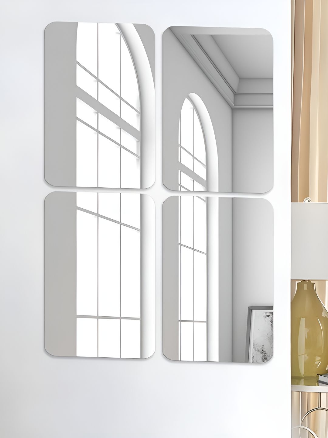 Art Street 4-Pcs Rectangle Round Corner Shape Self-Adhesive Acrylic Wall Mirror Stickers
