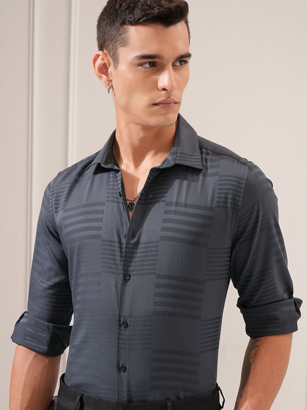 HIGHLANDER Men Slim Fit Horizontal Stripes Opaque Striped Casual Shirt-picture-38