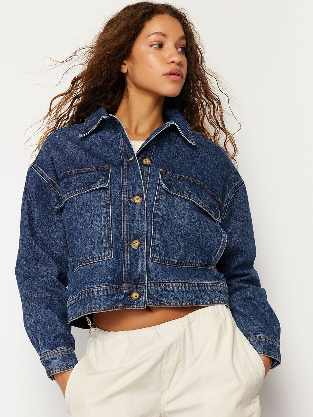 Trendyol Women Washed Crop Denim Jacket with Patchwork-image-14