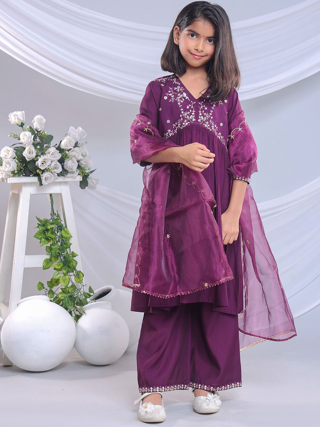 misbis Girls Floral Yoke Design Empire Thread Work Anarkali Kurta With Trousers & Dupatta-picture-30