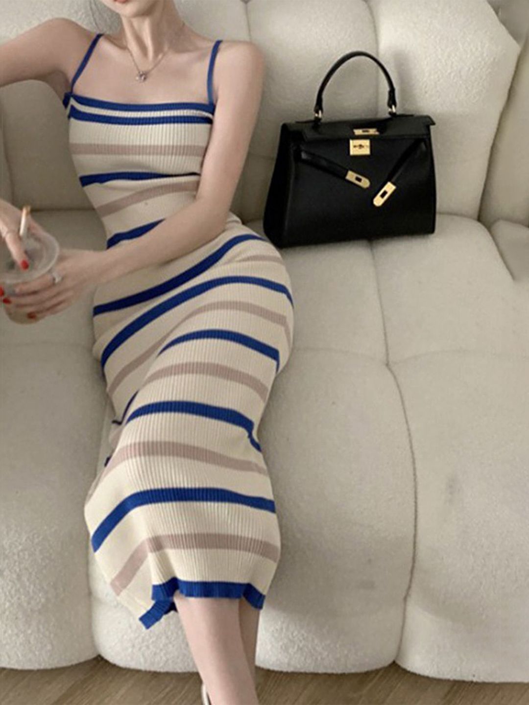 LULU & SKY Blue Striped Sleeveless Knee Length Bodycon Dress