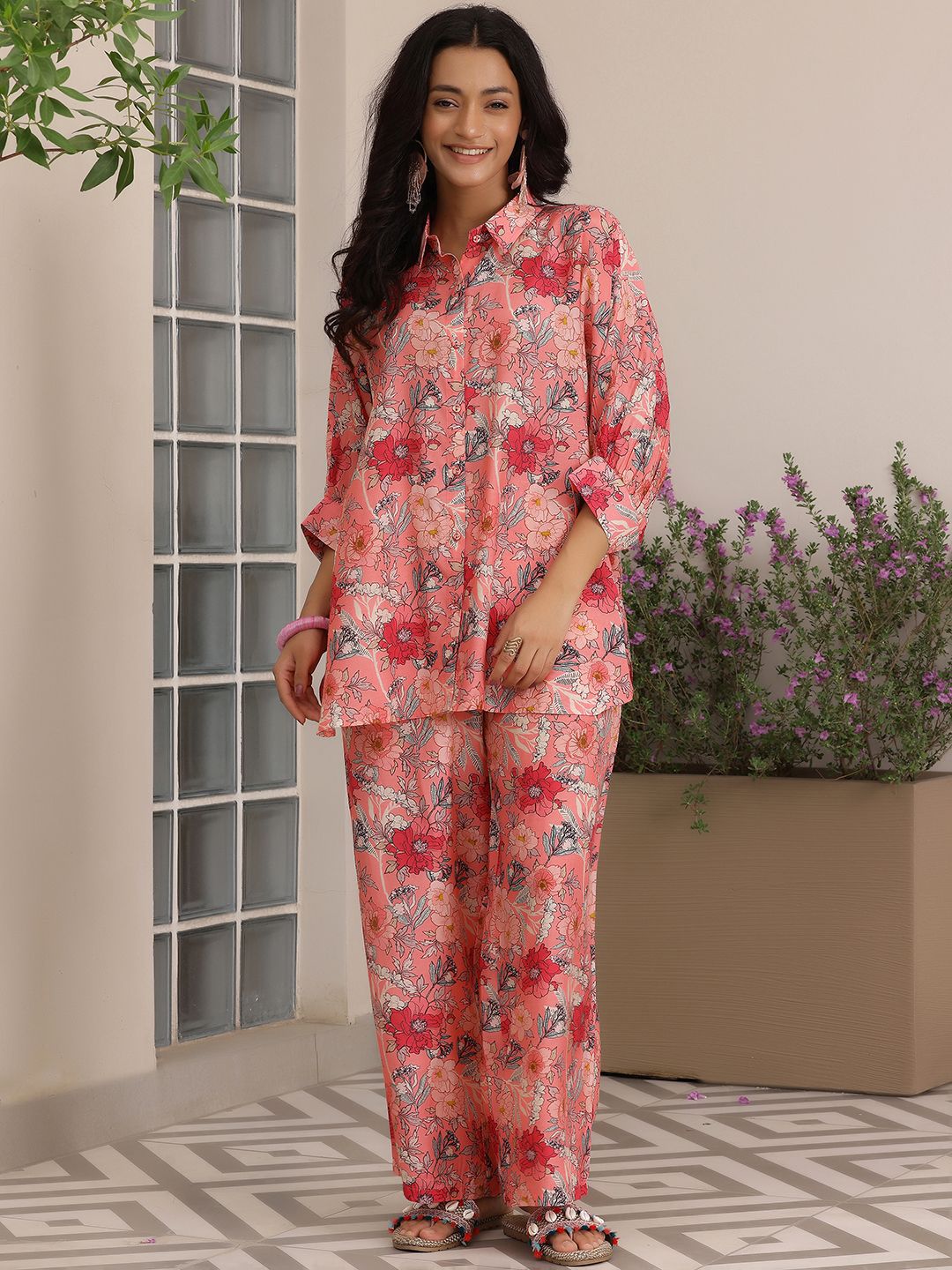Libas Floral Printed Kimono Sleeves Shirt Collar Shirt With Palazzos