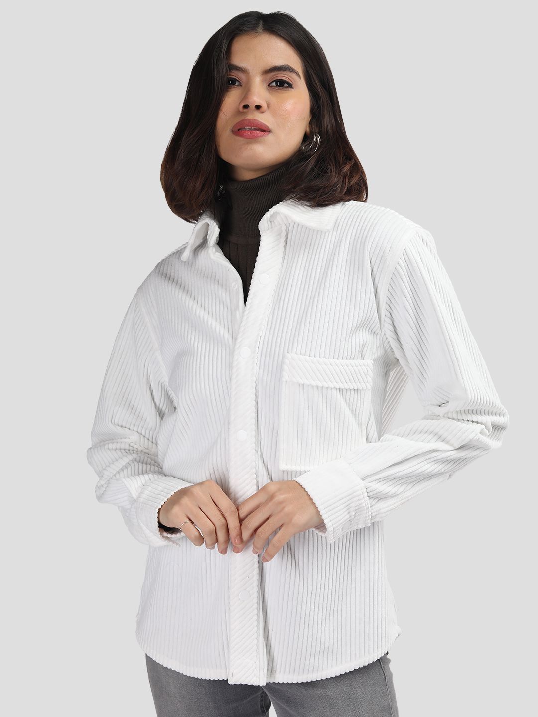 CHKOKKO Solid Ribbed Single Breasted Corduroy Shacket Coats-picture-13