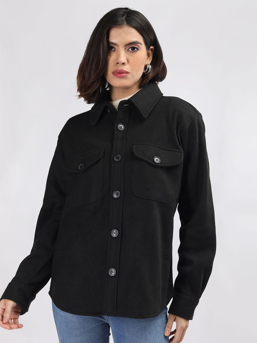 CHKOKKO Solid Spread Collar Single Breasted Shacket Coats-picture-18