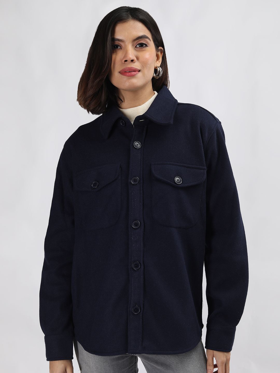 CHKOKKO Solid Spread Collar Single Breasted Shacket Coats-picture-16