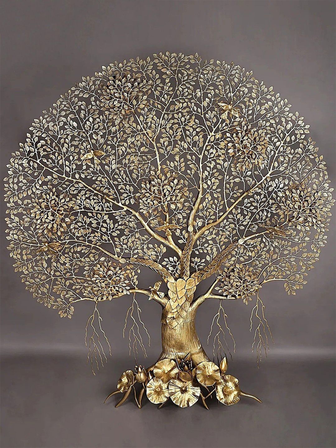 Exotic India Gold Toned Textured Brass Floral Hanging Wall Decor-image-16