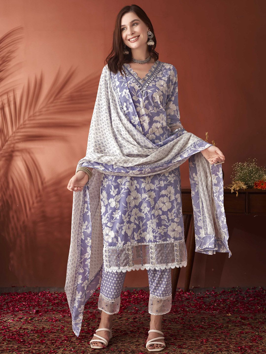 Anouk Women Floral Printed Regular Mirror Work Pure Cotton Kurta with Trousers & With Dupatta-picture-30