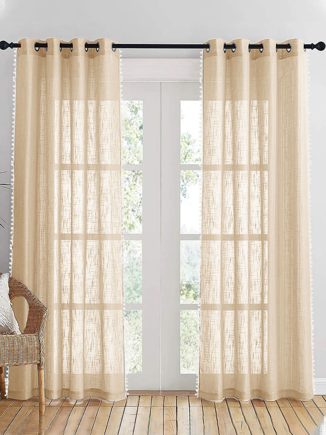 HOMEMONDE Beige & White Set of 2 Sheer Door Curtain-picture-19