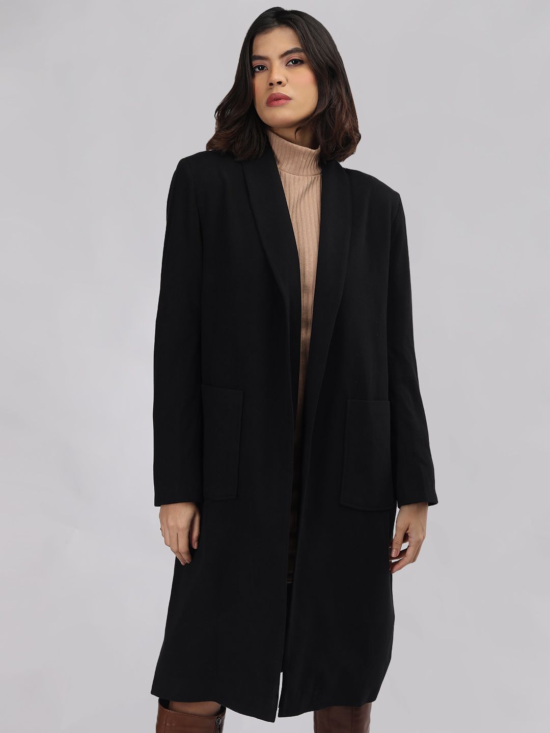 CHKOKKO Women Front Open Solid Casual Coat-image-3