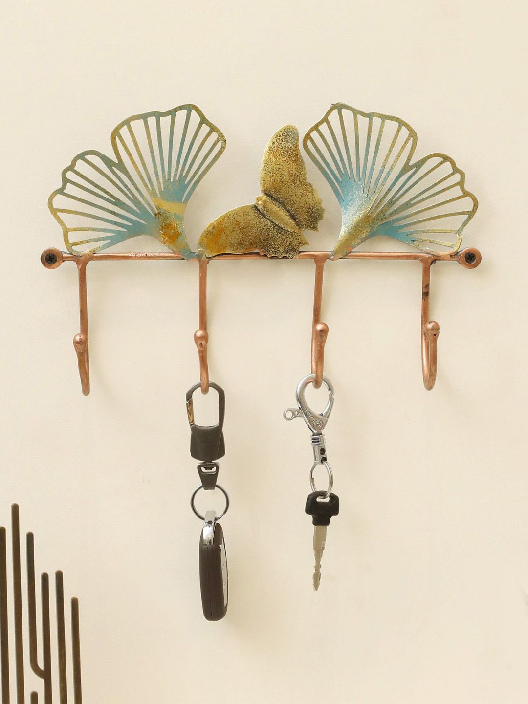 vedas Gold Toned & Blue Textured Theo Leaf Decorative Metal Wall Hooks-picture-11