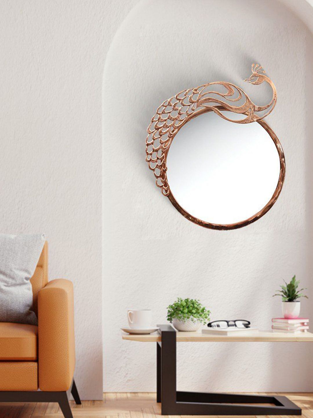 Exotic India Brown Brass Peacock Design Mirror-picture-26
