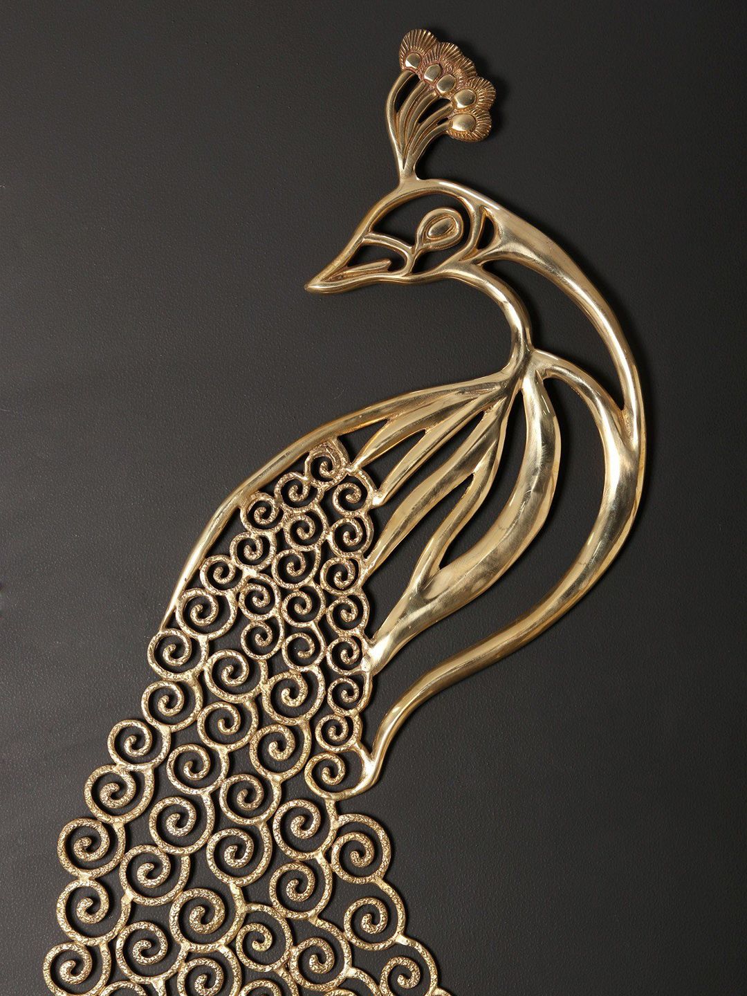 Exotic India Gold Toned Textured Brass Peacock With Long Tail Wall Hanging-image-20