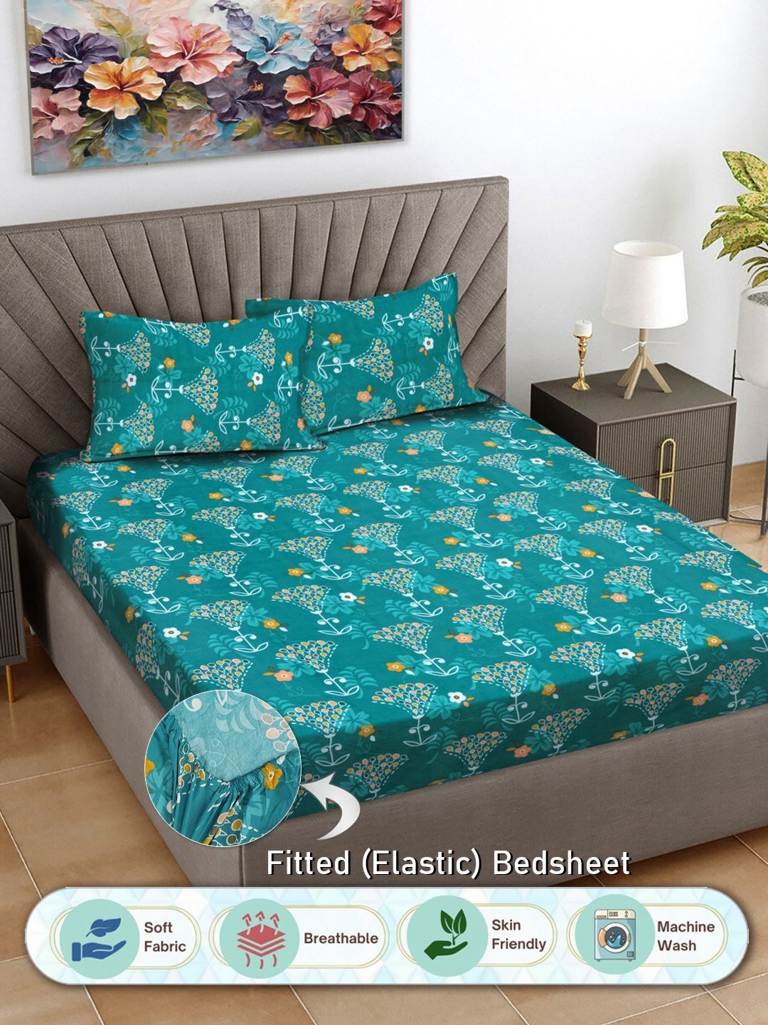 FABINALIV Turquoise Blue & White Floral 300 TC King Bedsheet with 2 Pillow Covers-picture-13